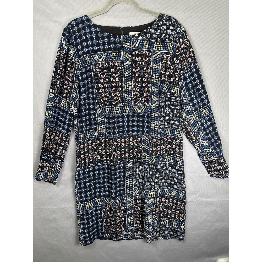 LOFT Patchwork Print Long Sleeve Shift Dress Black Blue Yellow Women's Size 14 - Picture 2 of 8